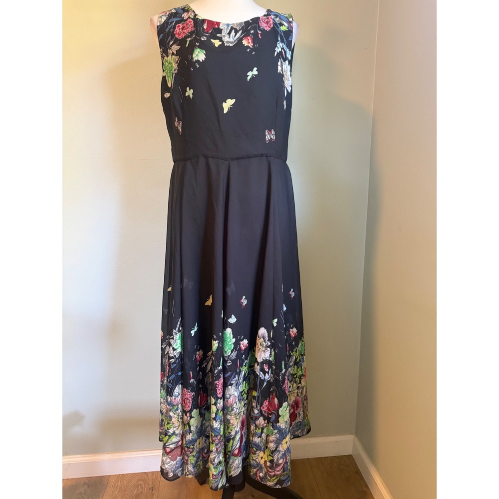 Whimsi Floral Butterfly  Sleeveless Maxi Dress Black L NWT boho dainty cottage y